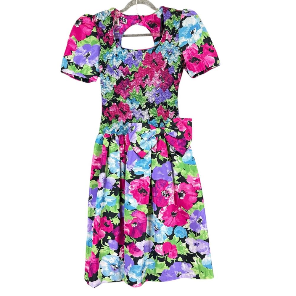 80s Act I New York Floral Drop Waist Dress Shoulder Pads Big Bow 6 Smock Taffeta